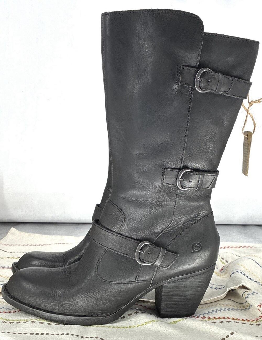 Born D77303 Boots Womens 11 M NWT Black Leather Tall Moto Triple Buckle Biker